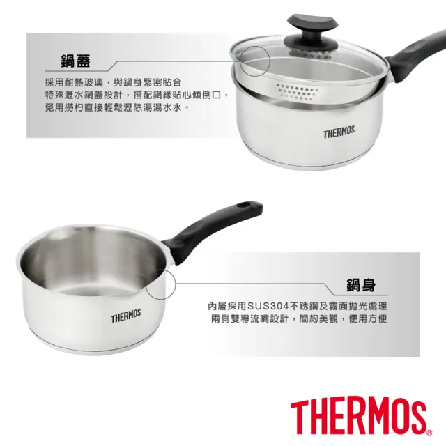 【THERMOS 膳魔師】獨家2入_不鏽鋼附蓋單柄湯鍋雪平鍋18cm+不鏽鋼便當盒1000ml(SPC-S18+Z-LBNP-14)