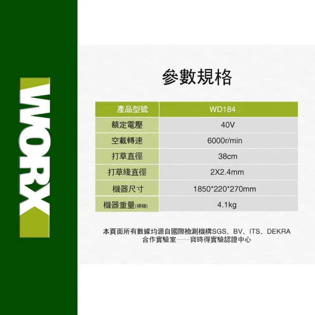 【WORX 威克士】40V 38cm   2合一無刷鋰電割草機/打草機(WD184.9)