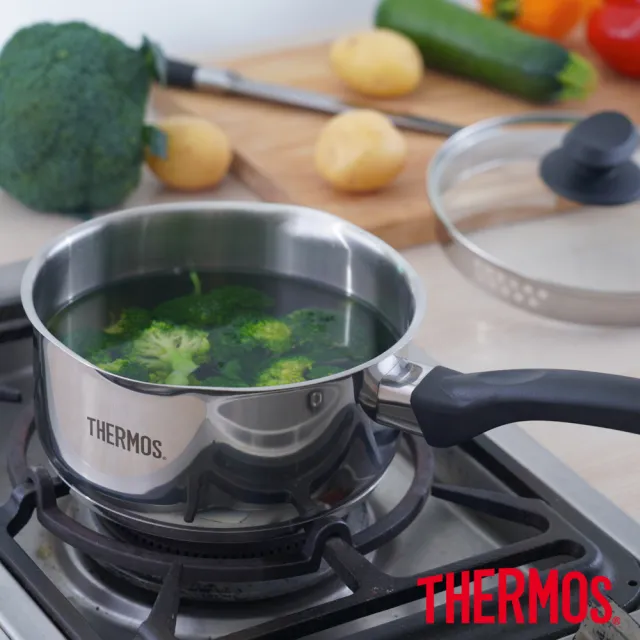 【THERMOS膳魔師】買1送1_不鏽鋼附蓋瀝水單柄湯鍋雪平鍋18cm(SPC-S18+SPC-S18)