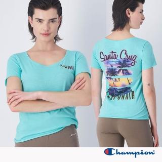 【Champion】官方直營 女款-U領LOGO印花棉短袖TEE-淺綠色(117379-BS049-歐規)