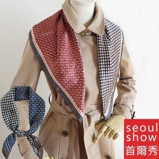 【Seoul Show 首爾秀】幾何拼色方巾仿蠶絲頭巾領巾雪紡圍巾模擬絲絲巾(防寒保暖)