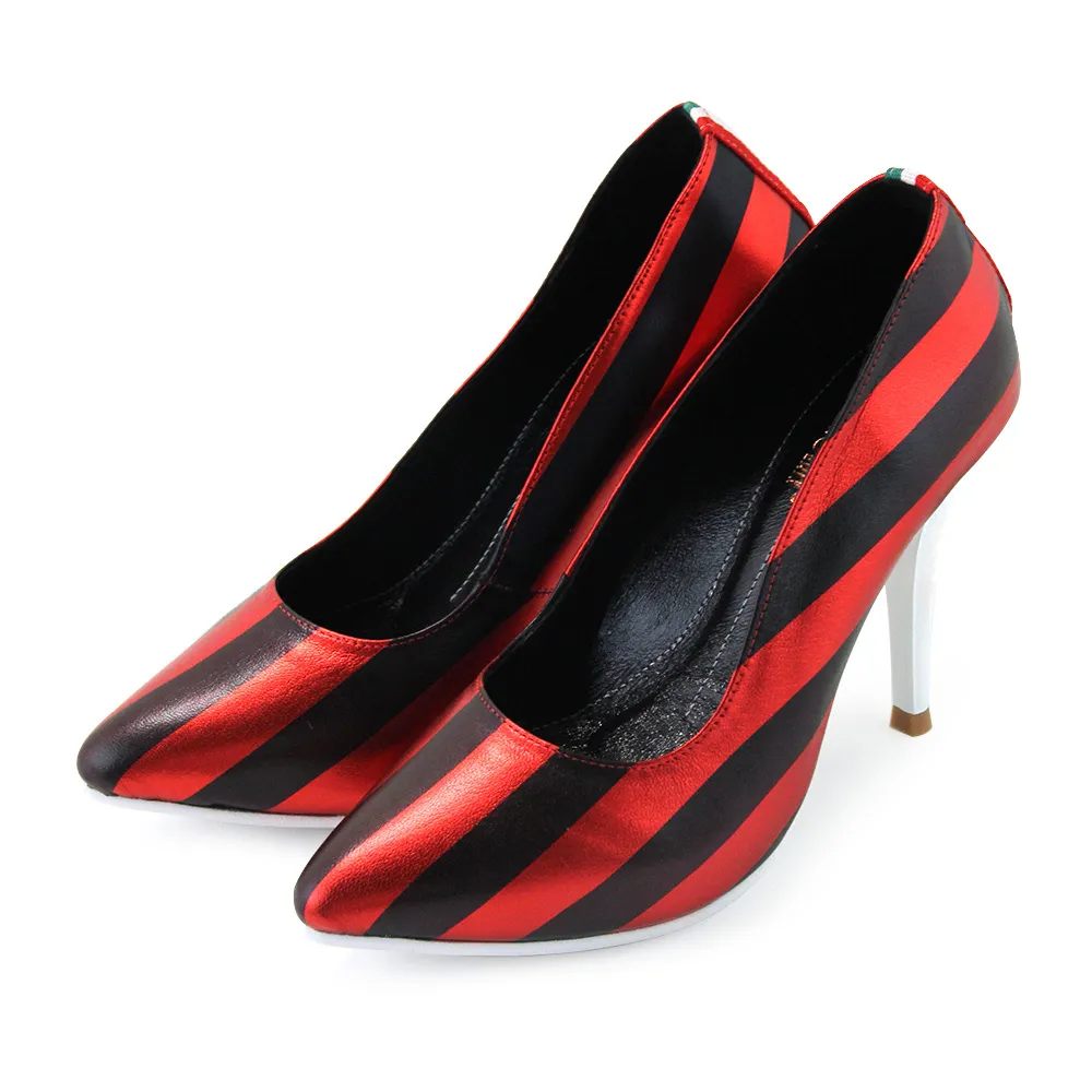 【GREEN PHOENIX 波兒德】女款國際精品時尚撞色條紋義大利羊皮尖頭高跟鞋(紅色)