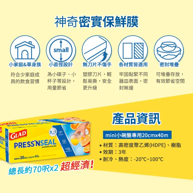 【GLAD佳能】小碗盤專用神奇密實保鮮膜-20公分x40公尺x4入(美國FDA認證/不含雙酚A/無塑化劑/強力保鮮膜)