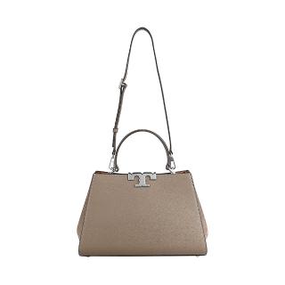 【TORY BURCH】TORY BURCH Eleanor 復刻銀T字LOGO牛皮吸釦肩背梯形包(中/磨菇灰褐)