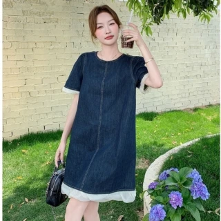 【baibeauty 白鳥麗子】韓版牛仔拼接雪紡紗包邊圓領短袖洋裝連身裙(連身裙)