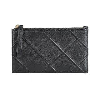 【TORY BURCH】TORY BURCH Fleming 浮雕T字LOGO小羊皮立體斜紋4卡拉鍊零錢卡夾(黑)