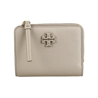 【TORY BURCH】TORY BURCH Mcgraw 皮革T字LOGO小牛皮內搭織布6卡按釦拉鍊袋短夾(黏土灰)