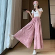 【D.studio】韓版冰絲渲染直筒高腰顯瘦垂感寬褲(褲子 長褲 休閒褲 女裝 高腰褲 拖地褲 直筒褲 黑褲 P391)