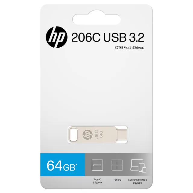 【HP 惠普】64GB 雙用隨身碟 Type-C + A 金屬製 USB 3.2 讀取高達 120 MB/s(x206c)