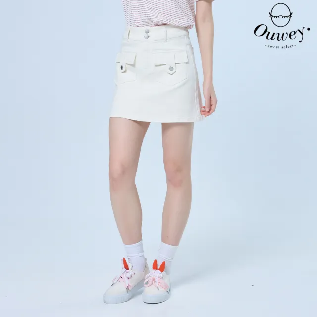 【OUWEY 歐薇】貼口袋A字棉質牛仔短褲裙(杏；S-L；3252398009)