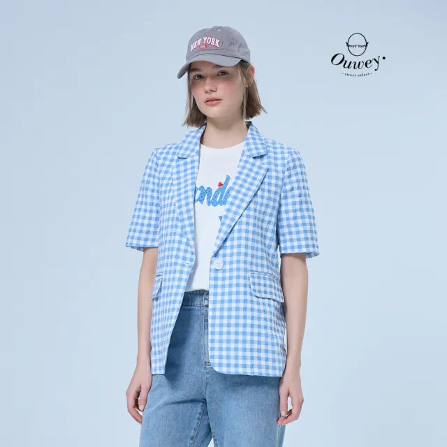 【OUWEY 歐薇】夏日清爽格紋泡泡布西裝外套(藍;S-L;3252324748)
