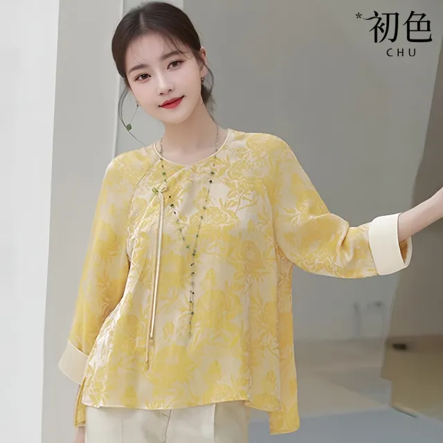 【初色】中國風印花斜襟盤扣前短後長反摺長袖唐裝襯衫上衣女上衣-黃色-14991(M-XL可選)