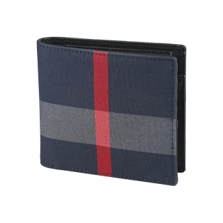 【BURBERRY 巴寶莉】BURBERRY內燙銀LOGO棉織布拼接牛皮8卡對折零錢短夾(男款/海軍藍x灰格紋)