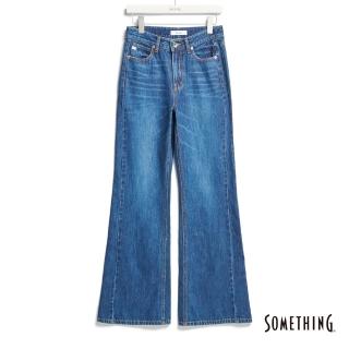 【SOMETHING】女裝 斜剪接無彈丹寧靴型褲(中古藍)