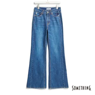 【SOMETHING】女裝 斜剪接無彈丹寧靴型褲(中古藍)