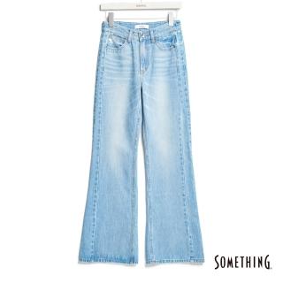 【SOMETHING】女裝 斜剪接無彈丹寧靴型褲(漂淺藍)