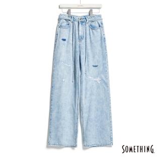 【SOMETHING】女裝 破損補釘丹寧中直褲(漂淺藍)