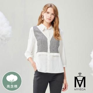 【MYVEGA 麥雪爾】MA假兩件V字千鳥格拼接抽繩上衣-白(通勤風/)