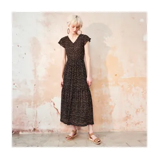 【Le Polka】荷葉袖壓褶雪紡洋裝-女