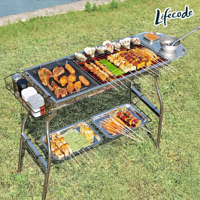 【LIFECODE】烤肉達人不鏽鋼烤肉架-大全配-附304不鏽鋼烤網+烤盤+置物架x3+收納袋