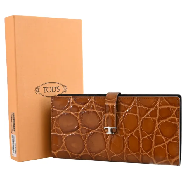 【TOD’S】TODS T Timeless 金屬T LOGO質感壓紋對折釦式零錢長夾(棕)