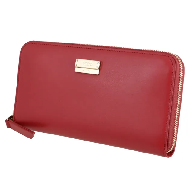 【TOD’S】TODS 簡約LOGO滑面小牛皮拉鍊發財零錢長夾(亮紅)