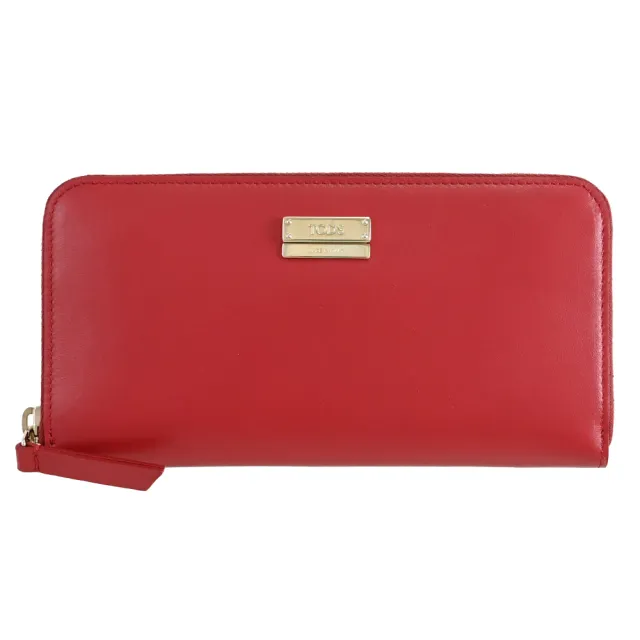【TOD’S】TODS 簡約LOGO滑面小牛皮拉鍊發財零錢長夾(亮紅)
