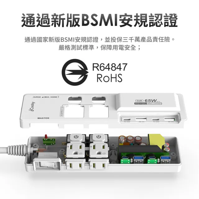【iCooby】NX2 延長線 65W 氮化鎵 延長線 PD+QC 三開四插 1.8M 超閃充延長線(過載保護 RGB燈光 黑/白)