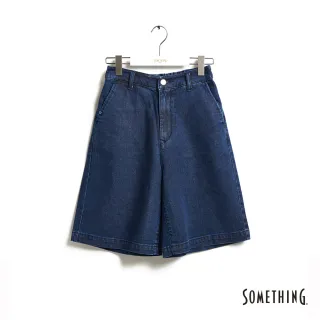 【SOMETHING】女裝 斜口袋基本寬版五分褲(酵洗藍)