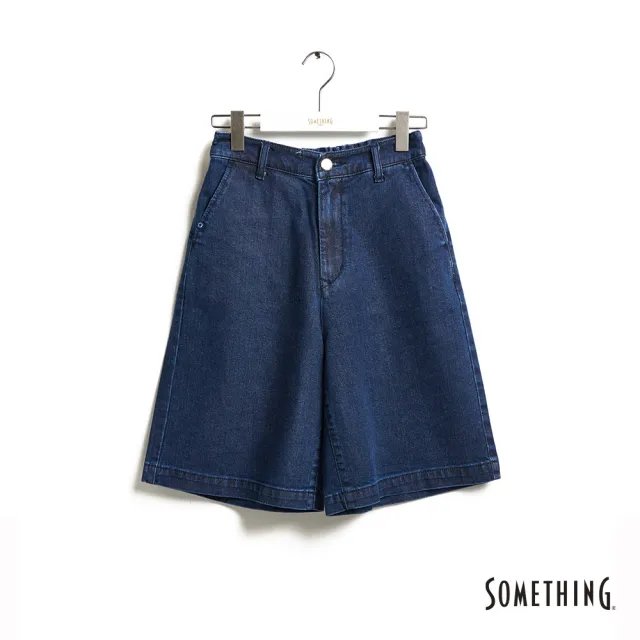 【SOMETHING】女裝 斜口袋基本寬版五分褲(酵洗藍)