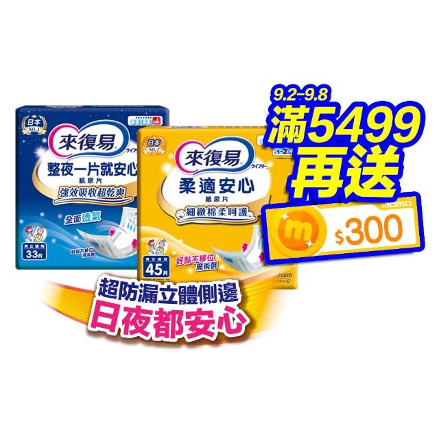 【來復易】替換式紙尿片6包/箱(柔適安心45片/整夜一片就安心33片/搭配成人紙尿褲使用)