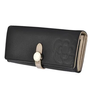 【CLATHAS】山茶花壓印質感皮革雙色壓釦長夾(黑色)