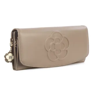 【CLATHAS】山茶花壓印質感軟皮多卡格壓釦長夾(淺可可色)