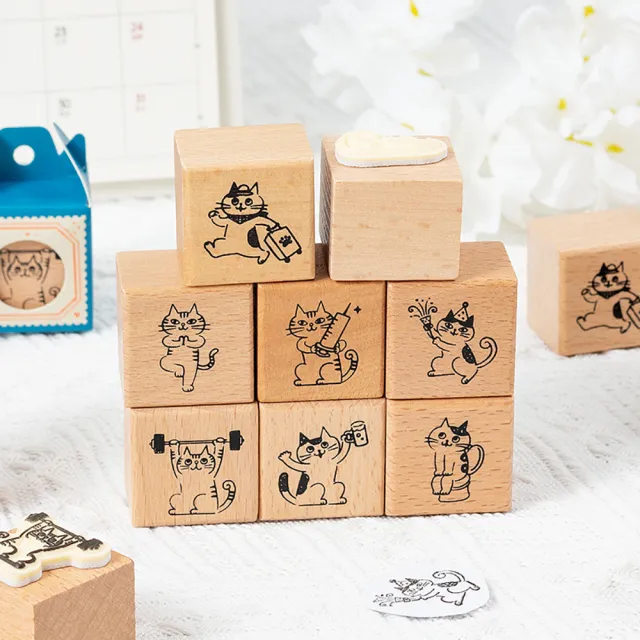 【Paper Play】木質印章 手帳印章/可愛萌貓日常DIY復古木質印章 手帳印章(8款任選)