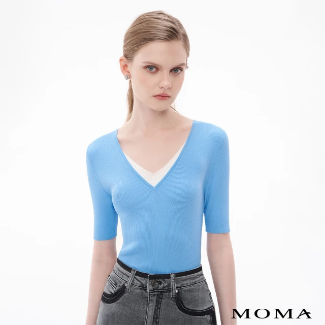 【MOMA】簡約雙層V領冰爽絲五分袖上衣(兩色)