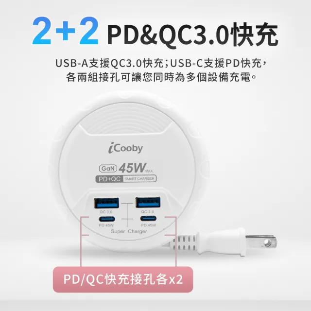 【iCooby】UB-31 45W PD+QC轉盤收納充電器 露營 圓盤 延長線(2A2C 快充延長線)
