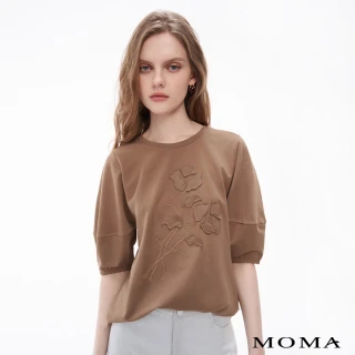 【MOMA】典雅花瓣刺繡五分泡泡袖上衣(咖啡色)