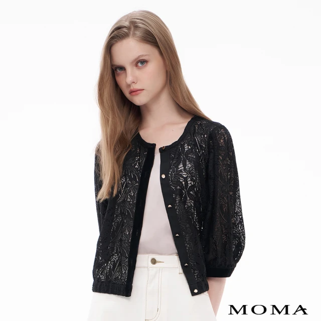 【MOMA】精緻girl蕾絲拼接植絨邊泡泡袖外套(黑色)