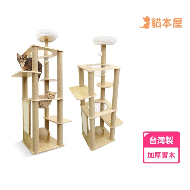 【貓本屋】台灣製 雙太空艙方形實木貓跳台(附劍麻抓板/球)