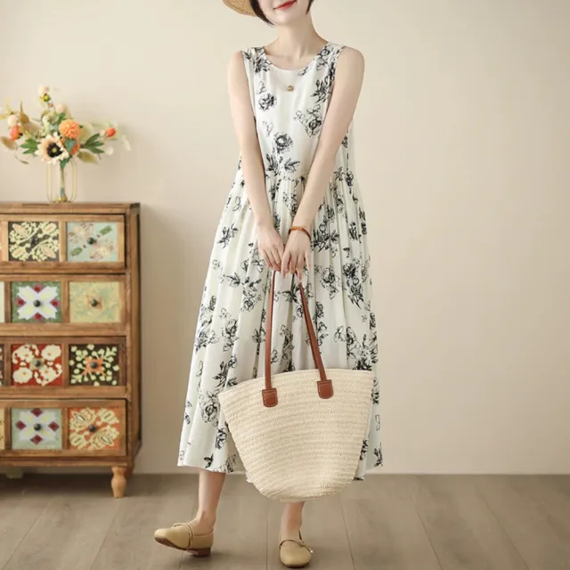 【漂亮小媽咪】夏日 度假風 棉麻 微透光 印花 洋裝 連身裙 無袖 修身 花