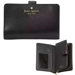 【KATE SPADE】金標LOGO防刮皮革鈕扣拉鍊中夾 優雅黑(ks 黑色女夾 女皮夾 女生皮包 KC580)