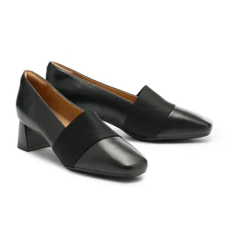 【MELROSE】美樂斯 內斂知性鬆緊帶拼接牛皮方頭高跟鞋(黑)