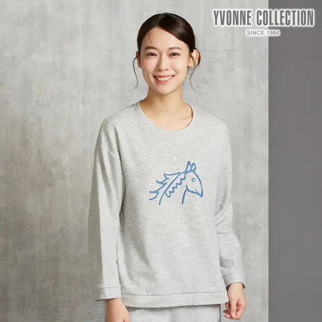 【YVONNE 以旺傢飾】刷毛冰島馬網印長袖上衣-銀白灰