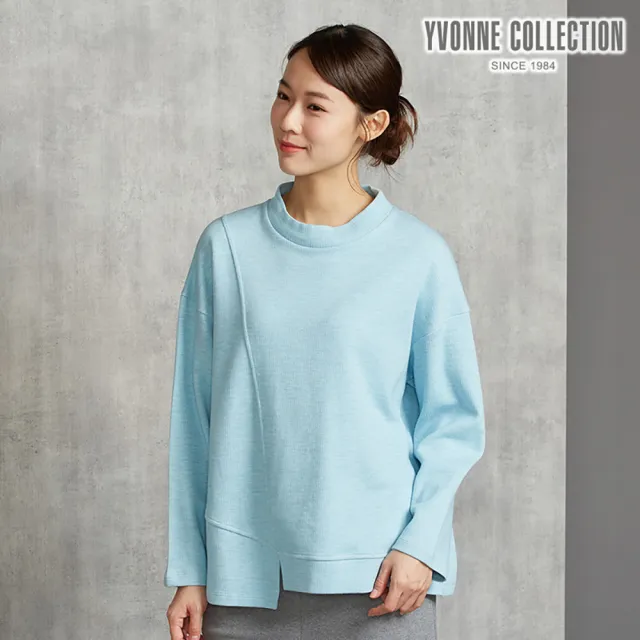【YVONNE 以旺傢飾】雙色提花剪接長袖上衣-冰島藍