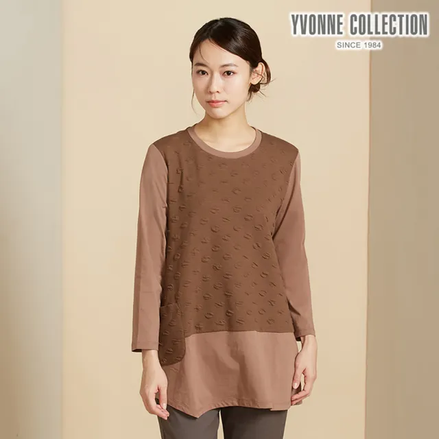 【YVONNE 以旺傢飾】圓點提花拼接長袖長上衣-深咖啡