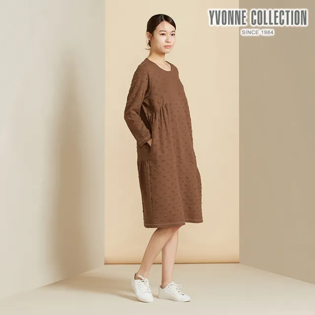 【YVONNE 以旺傢飾】圓點提花長袖洋裝-深咖啡