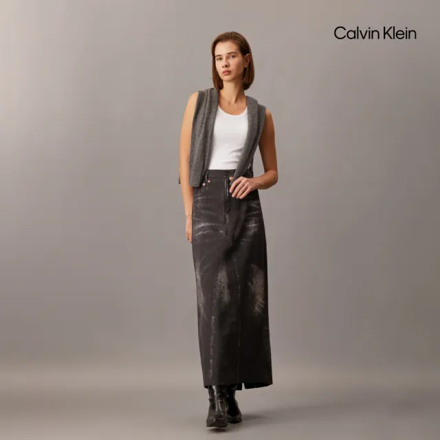 【CALVIN KLEIN】官方旗艦館CK Halo 錯視效果印花牛仔長裙_黑色