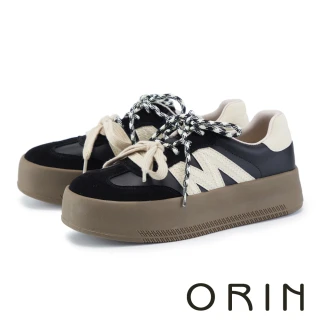 【ORIN】雙帶撞色磨砂真皮綁帶厚底休閒鞋(黑色)