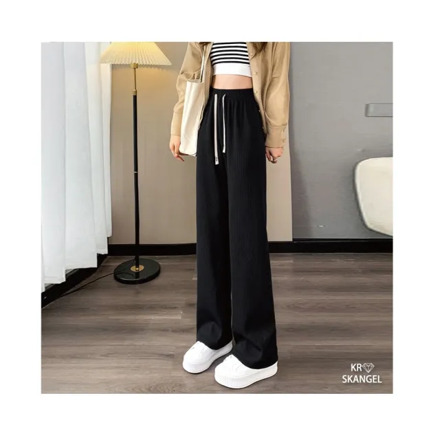 【amica】休閒窄版闊腿褲(坑條闊腿褲 休閒寬褲 抽繩休閒褲 顯瘦顯腿長)