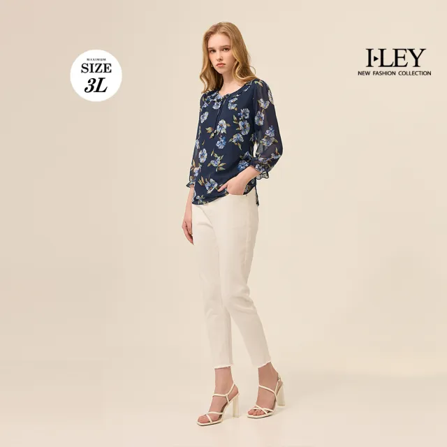 【ILEY 伊蕾】小荷葉綁結領印花雪紡上衣(深藍；L-3L；1253181109)